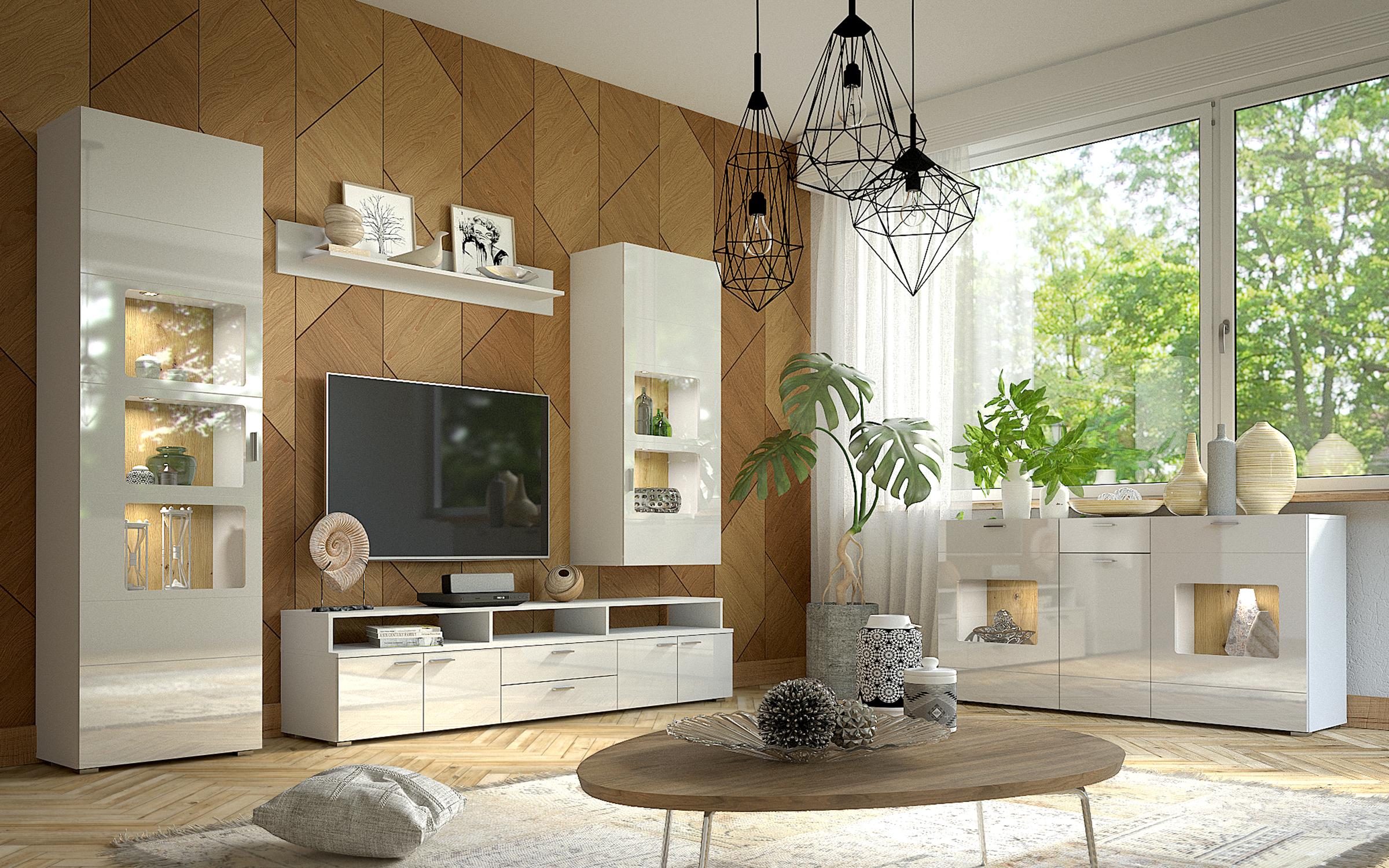 Стенка Кария + LED-подсветка, белый глянец +  дуб artisan  1